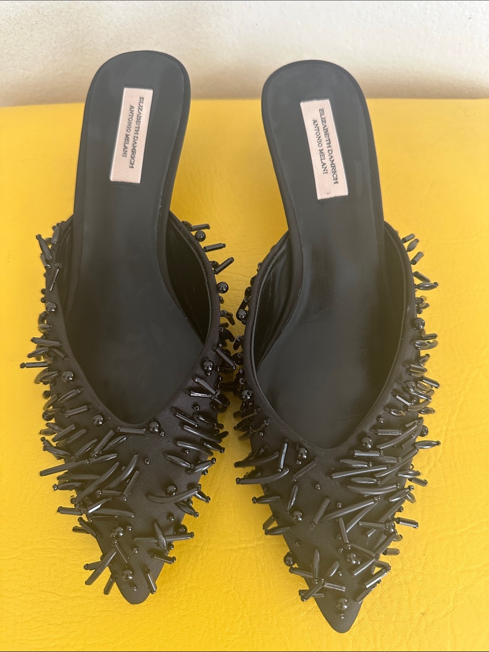 Antonio Melani x ELIZABETH DAMRICH  Black Beaded Pointed satin Mules